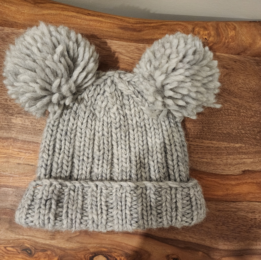 Gray double pom pom beanie hat